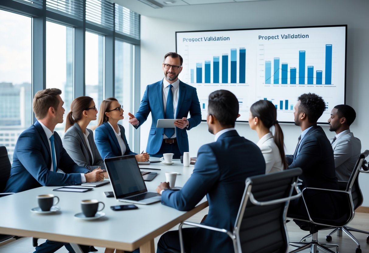 A group of business professionals in a conference room discussing sales prospect validation techniques around a table with laptops and digital devices.