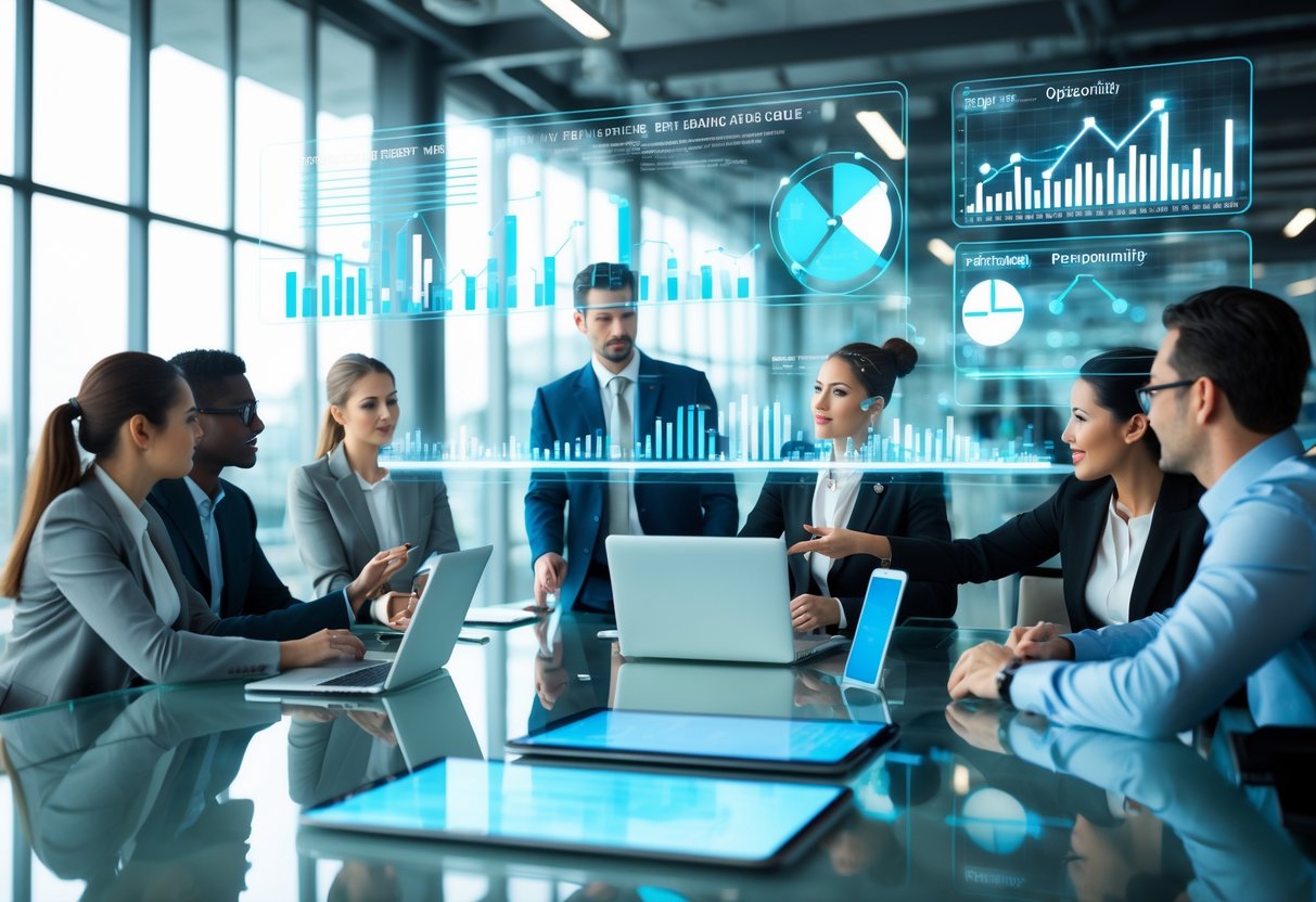 A group of business professionals collaborating around a table with digital charts and graphs showing pipeline and performance data.