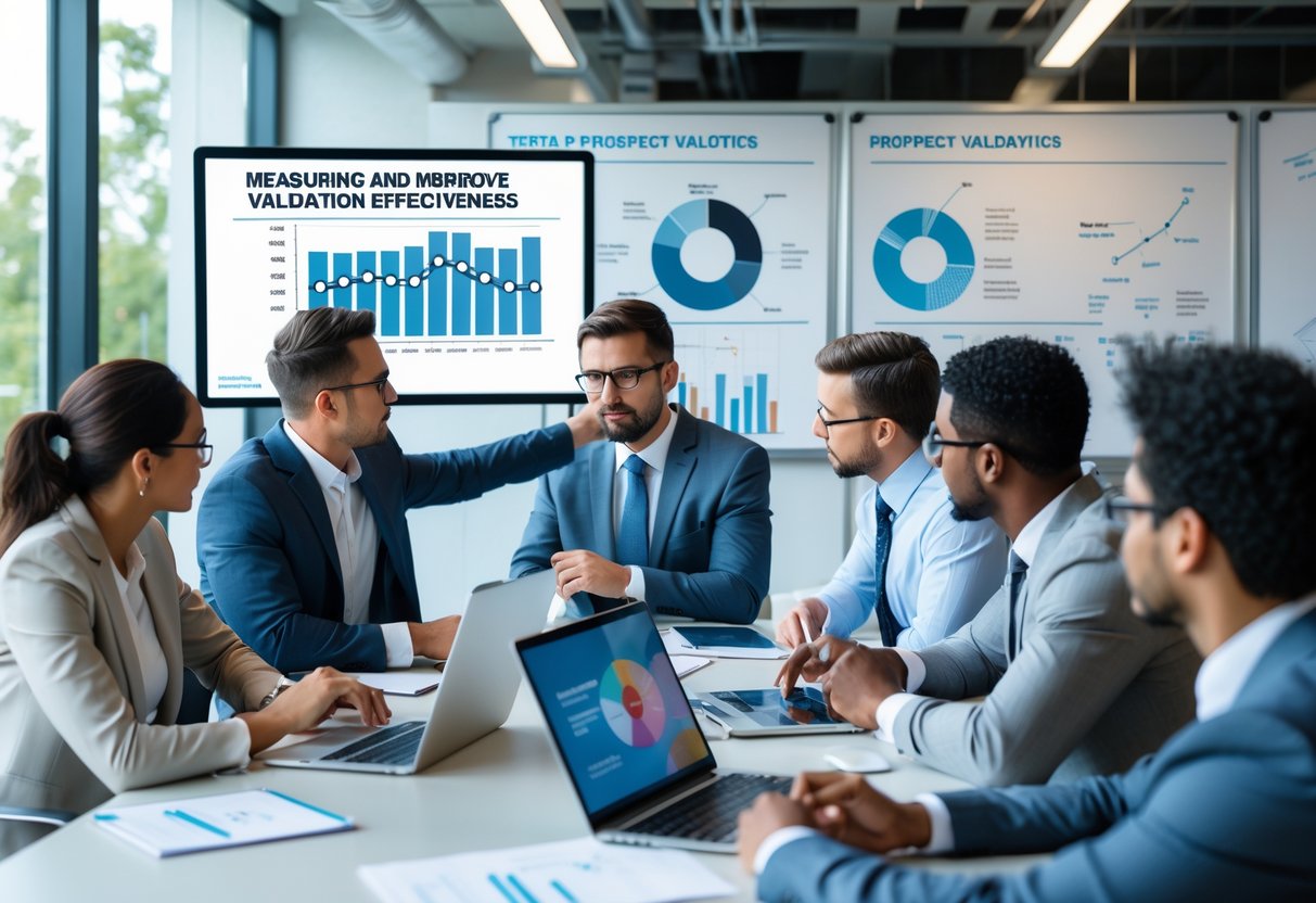 A group of business professionals collaborating around a conference table with laptops and charts, discussing data and validation techniques in an office.