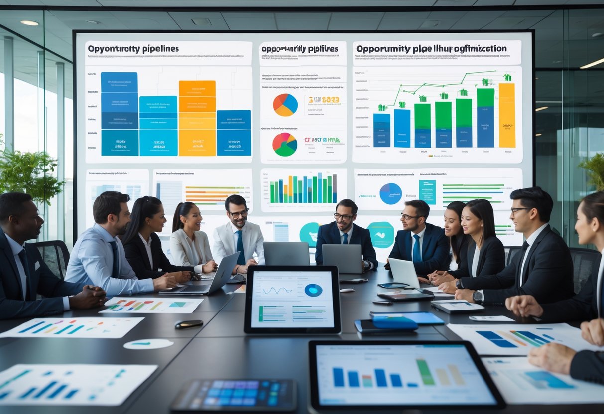 A group of business professionals collaborating around a conference table with charts and laptops, discussing data displayed on a large screen in a modern office.