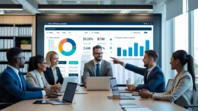 A group of business professionals collaborating around a table with laptops and a large screen displaying data in a bright office.