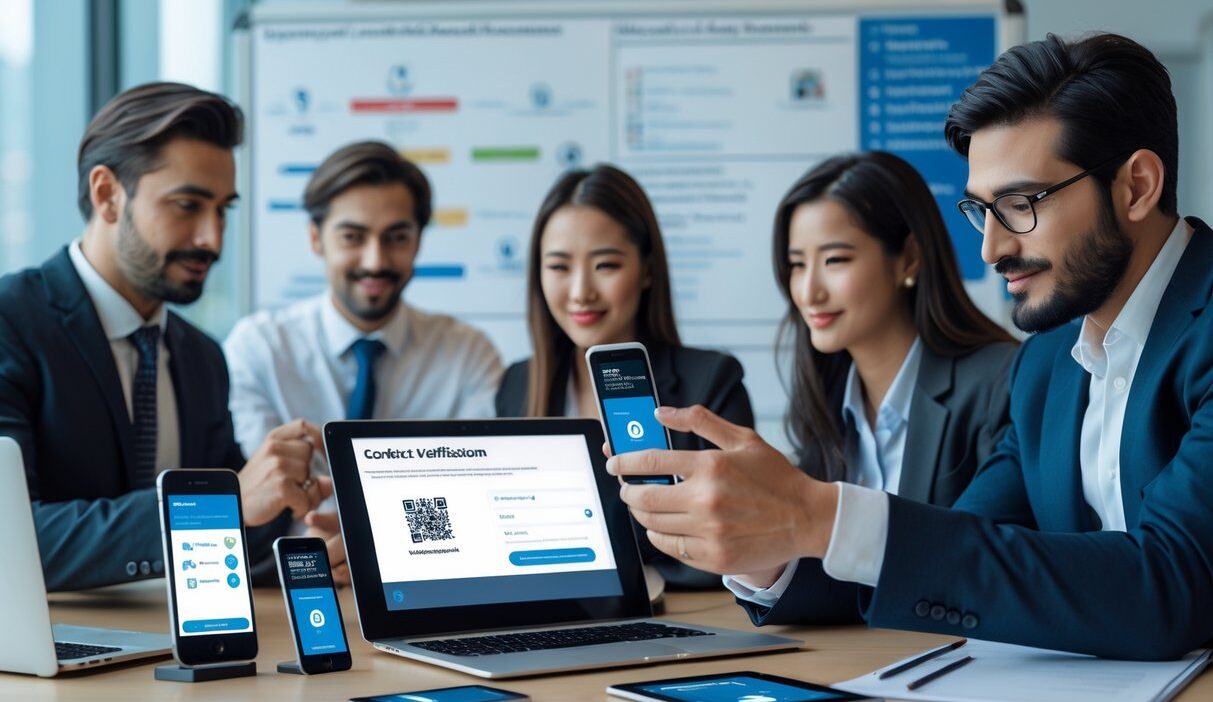 A group of professionals in an office using smartphones, laptops, and tablets to verify contact information through codes, fingerprint scans, and QR codes.