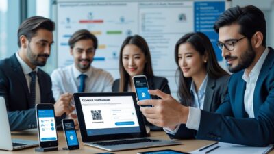 A group of professionals in an office using smartphones, laptops, and tablets to verify contact information through codes, fingerprint scans, and QR codes.