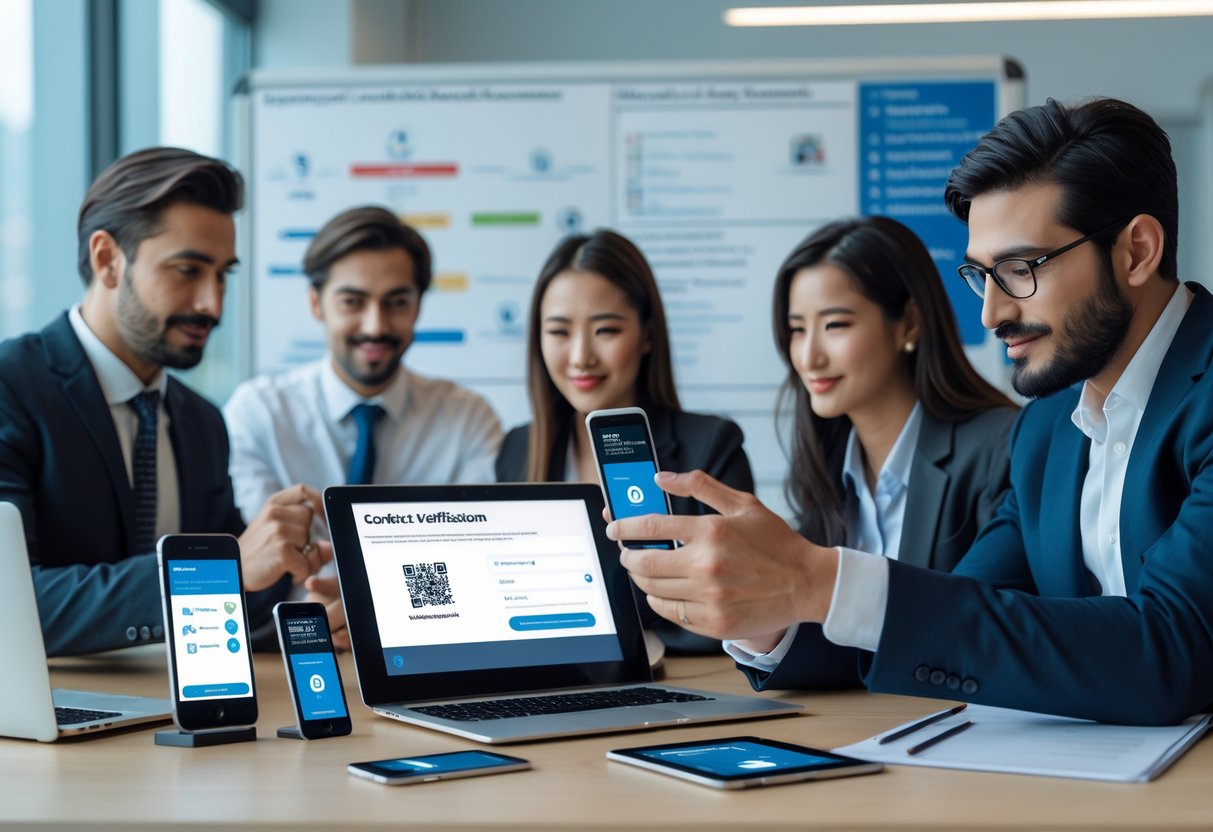 A group of professionals in an office using smartphones, laptops, and tablets to verify contact information through codes, fingerprint scans, and QR codes.