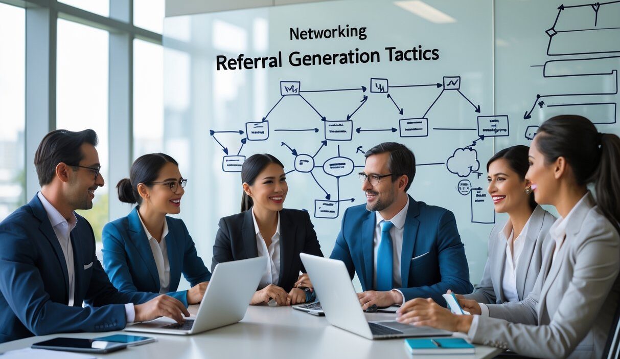 A group of business professionals collaborating around a table in an office, discussing ideas with laptops and a whiteboard in the background.