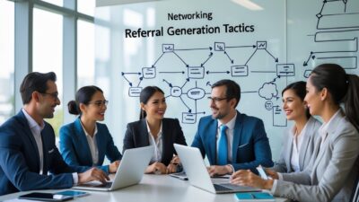 A group of business professionals collaborating around a table in an office, discussing ideas with laptops and a whiteboard in the background.