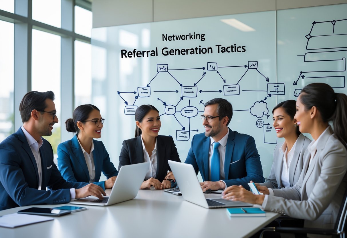 A group of business professionals collaborating around a table in an office, discussing ideas with laptops and a whiteboard in the background.