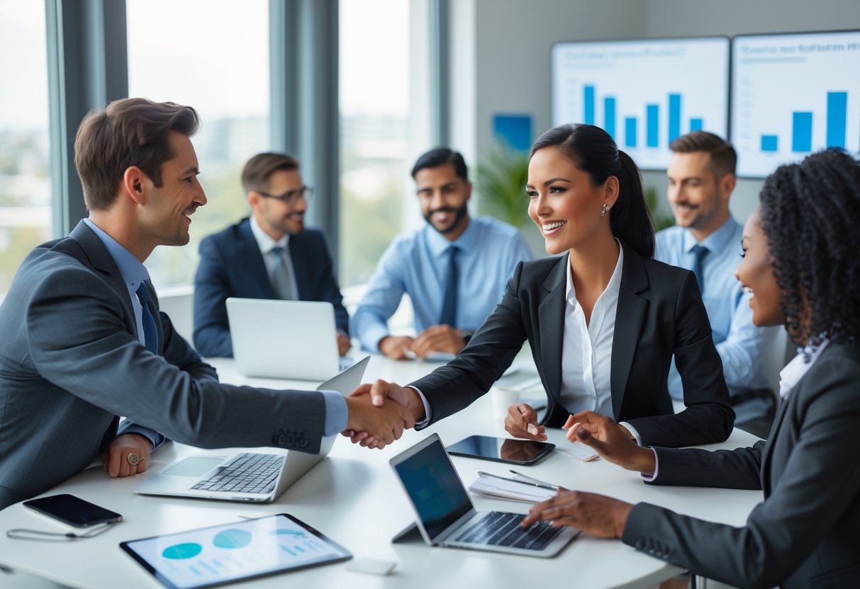 A diverse group of business professionals collaborating in a modern office, with two colleagues shaking hands and others discussing ideas around them.