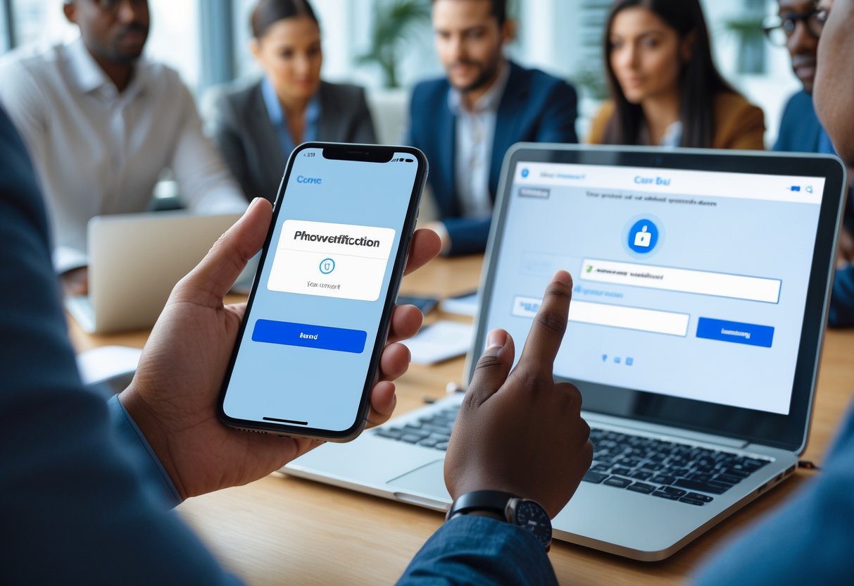 A person holding a smartphone showing a verification code screen, with a laptop displaying a two-factor authentication prompt and colleagues discussing in the background.