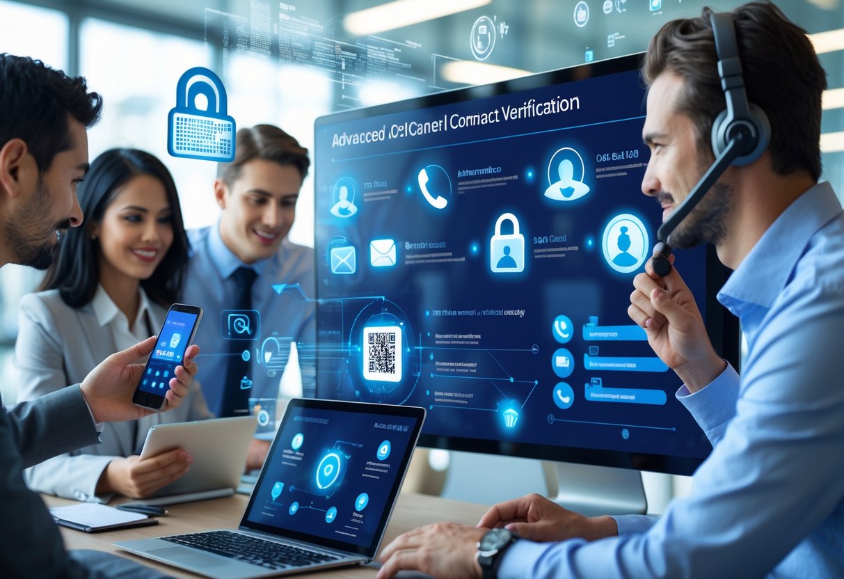 A group of professionals working together using digital devices and a large touchscreen to verify contacts through multiple communication channels.