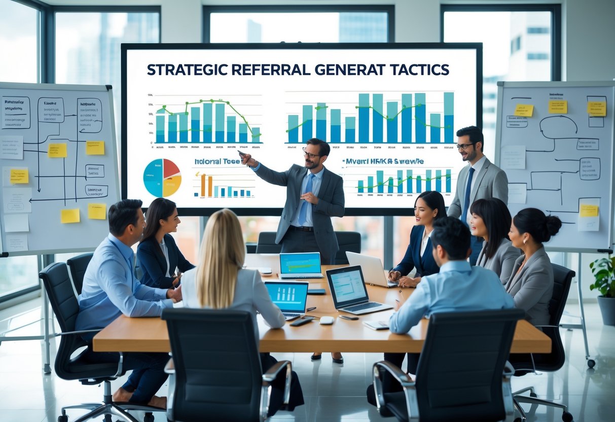 A group of business professionals collaborating around a conference table, reviewing charts and discussing referral strategies in a modern office.