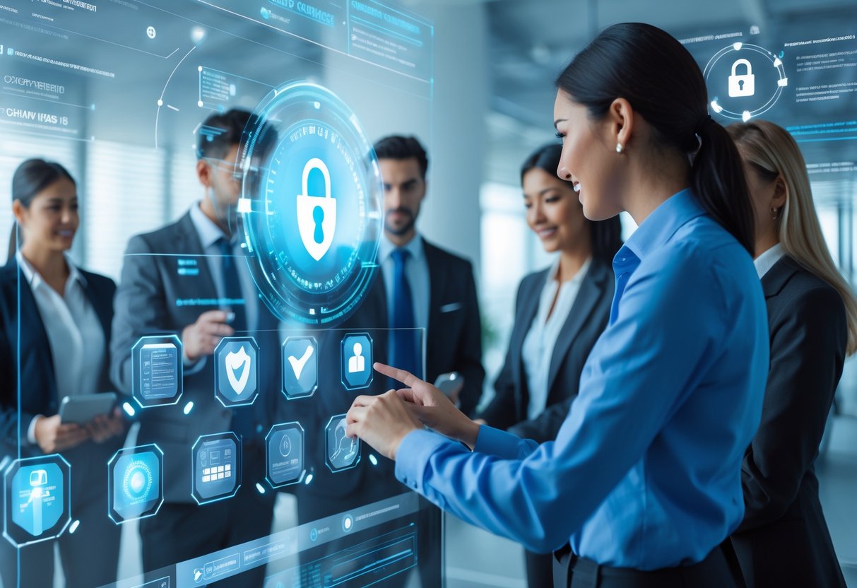 A group of professionals working together around a digital interface showing security and contact verification icons in a modern office.