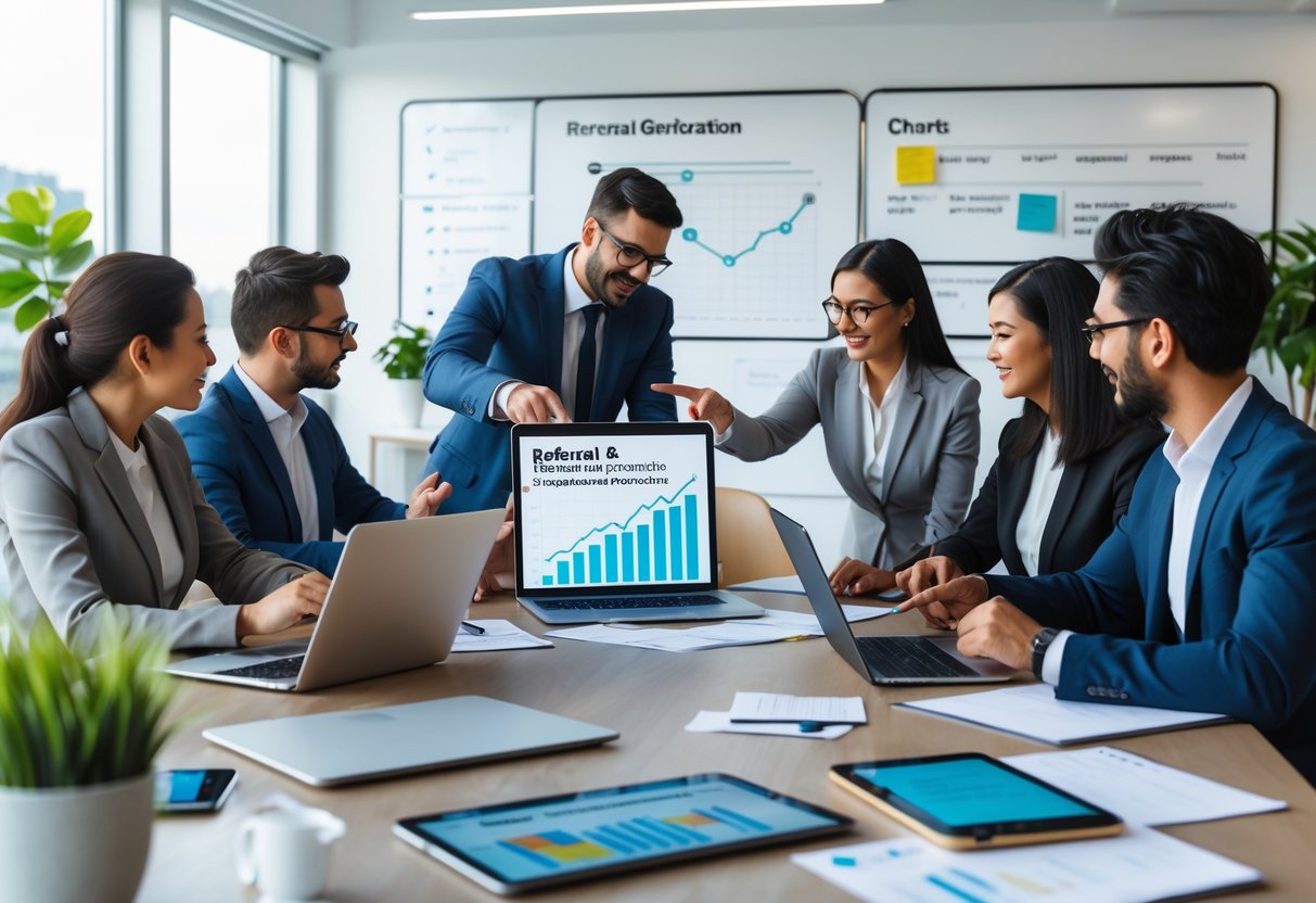 A diverse group of business professionals collaborating around a table with laptops and digital screens showing charts and graphs in a bright office.