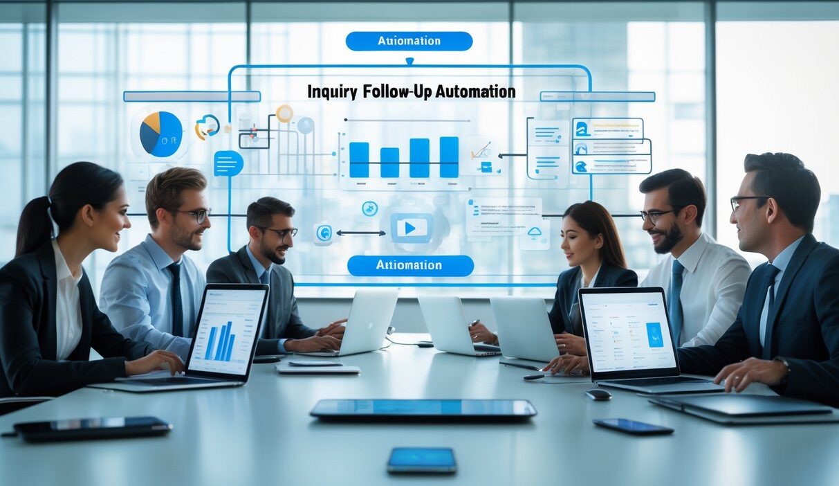 Business professionals collaborating around a table with digital devices and a large digital display showing workflow automation icons in a bright office.