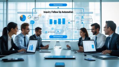 Business professionals collaborating around a table with digital devices and a large digital display showing workflow automation icons in a bright office.