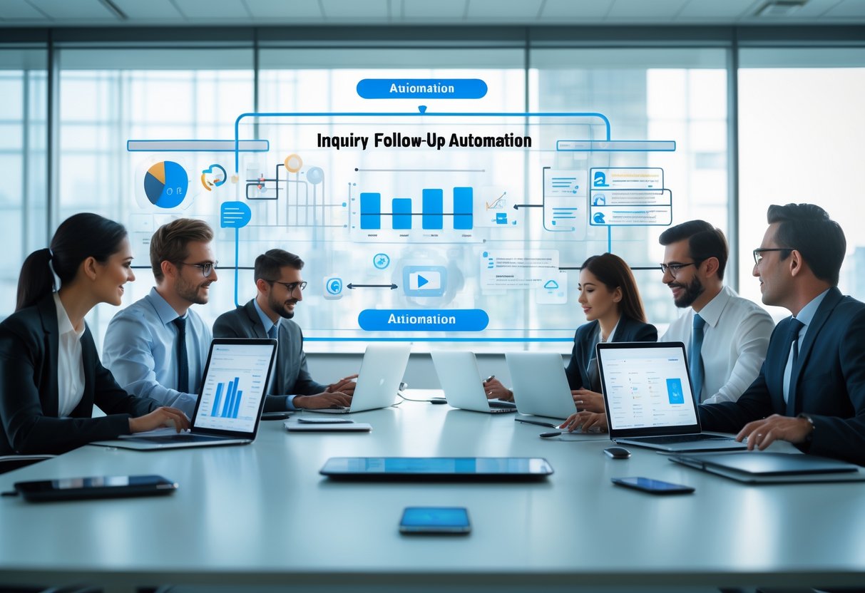 Business professionals collaborating around a table with digital devices and a large digital display showing workflow automation icons in a bright office.