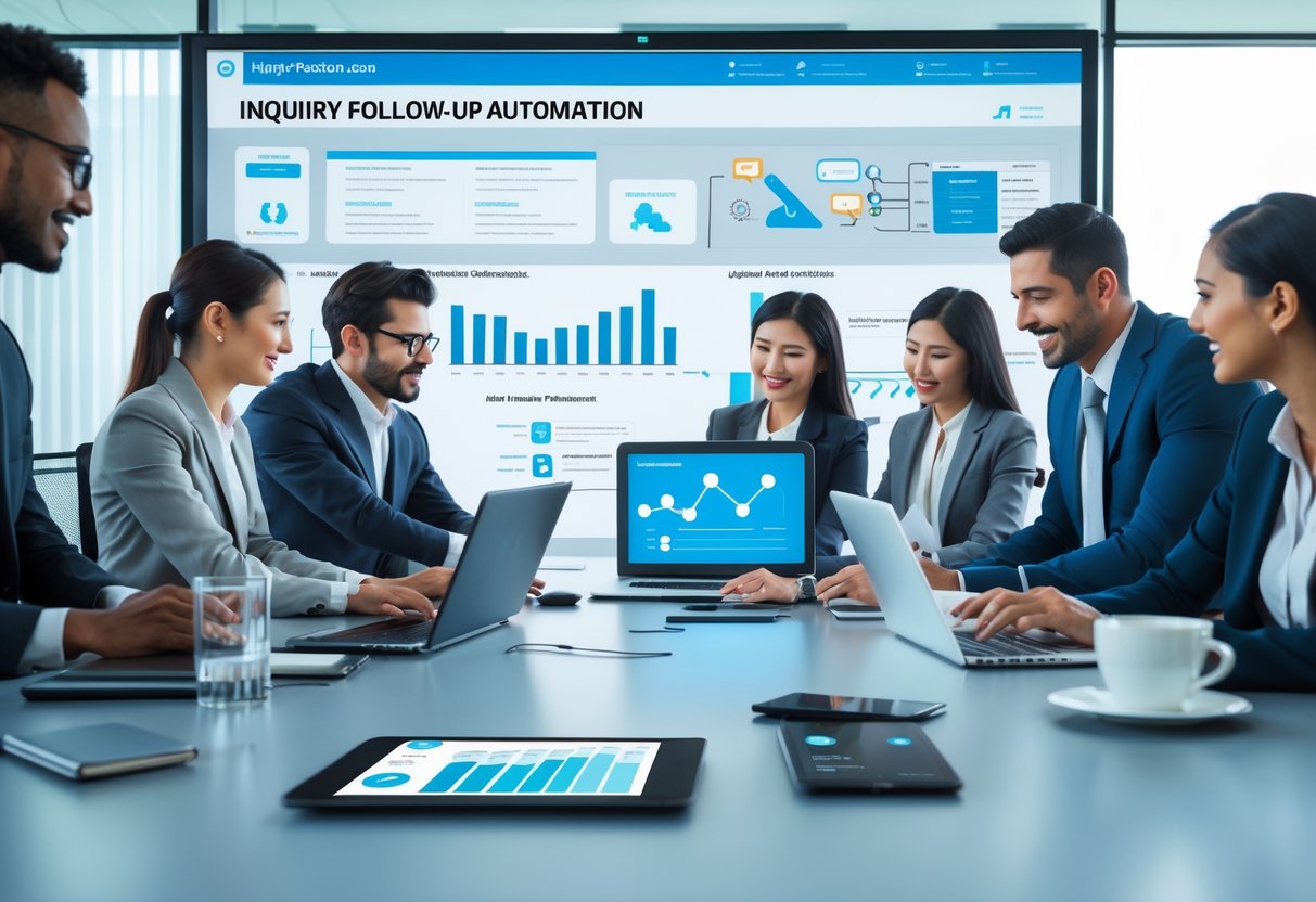 A group of business professionals collaborating around a table with laptops and digital devices displaying charts and automation dashboards in a modern office.