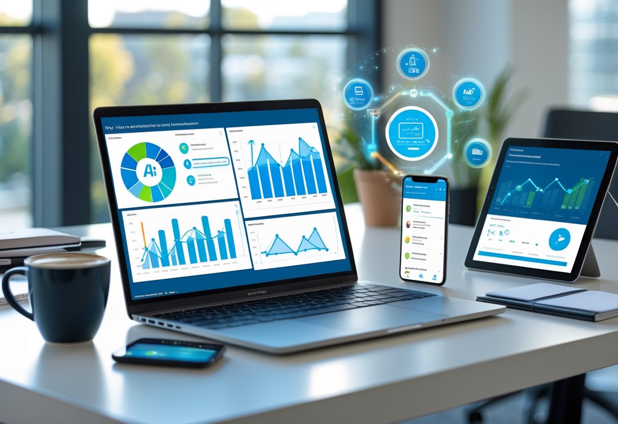 A modern office desk with a laptop, smartphone, and tablet showing data and automation icons, surrounded by office supplies.