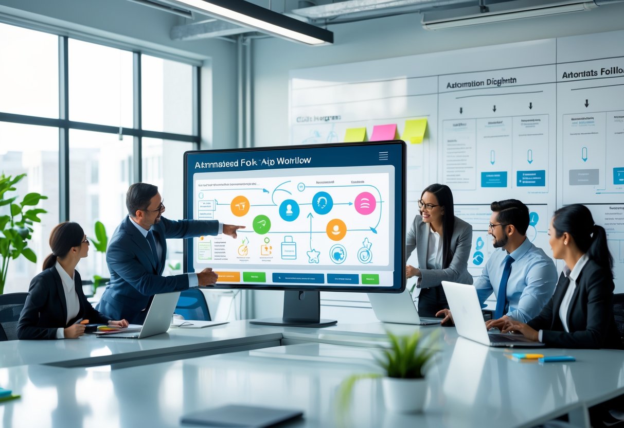 A group of business professionals collaborating around a digital touchscreen table displaying workflow diagrams in a bright modern office.