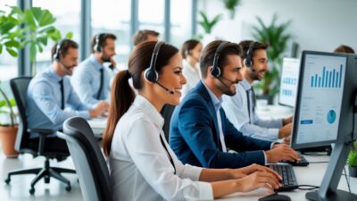 Customer service representatives wearing headsets working at desks in a bright office, handling customer inquiries.