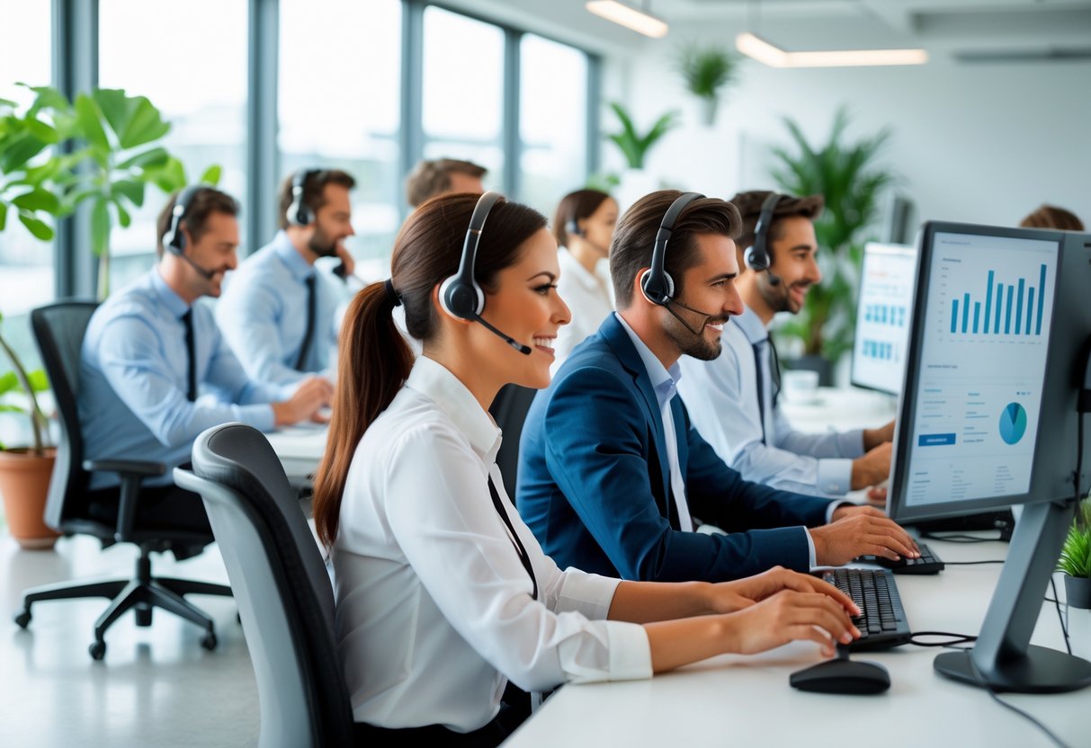 Customer service representatives wearing headsets working at desks in a bright office, handling customer inquiries.
