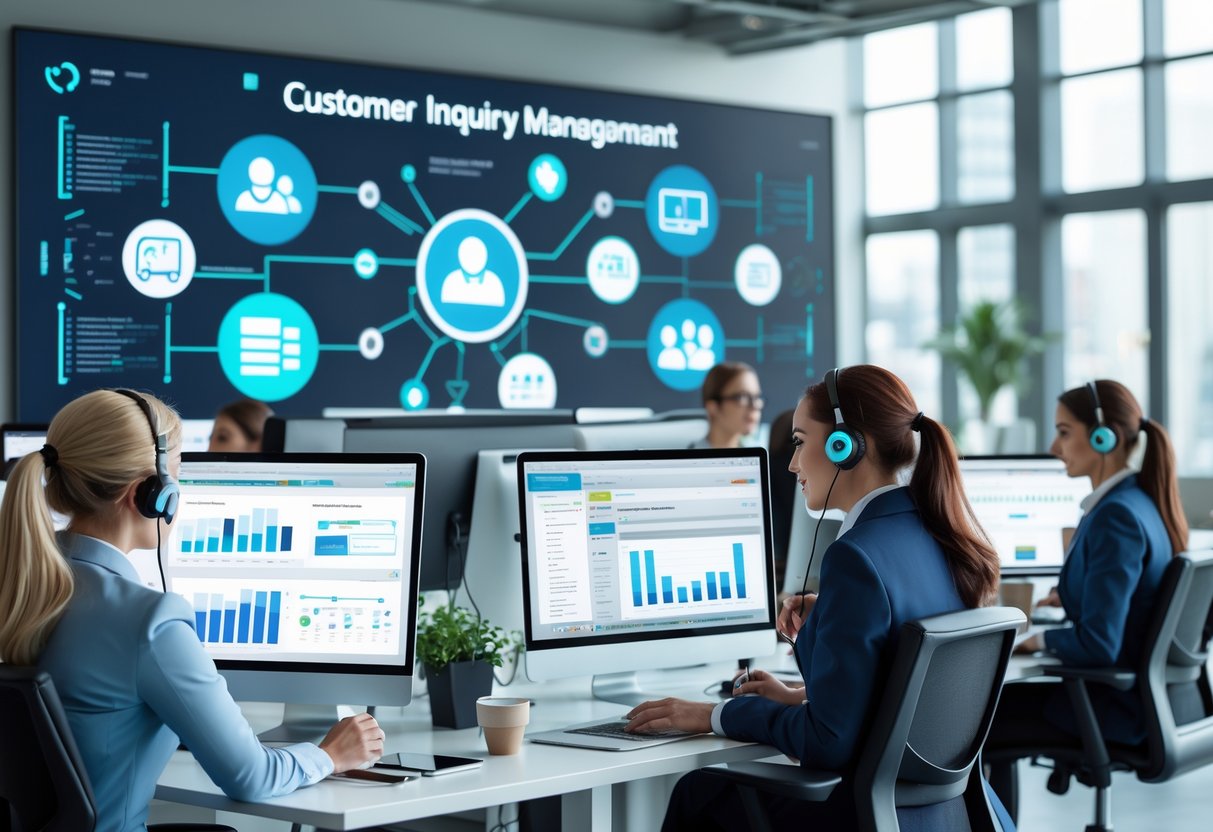 A team of customer service representatives working at computers in a bright office with multiple screens showing data and communication tools.