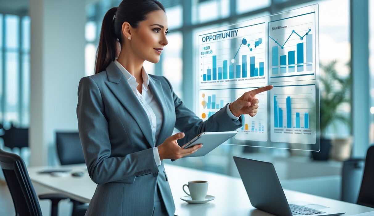 A businesswoman in an office analyzing data on a digital screen with graphs and charts, holding a tablet and pointing at the screen.