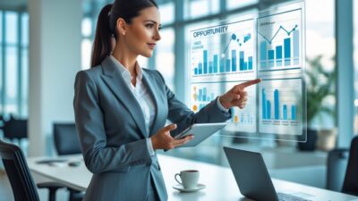 A businesswoman in an office analyzing data on a digital screen with graphs and charts, holding a tablet and pointing at the screen.