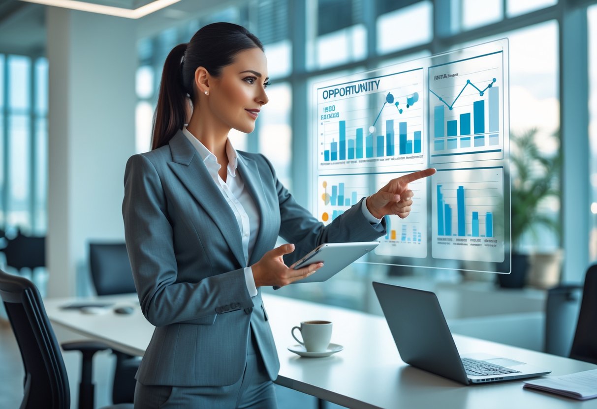 A businesswoman in an office analyzing data on a digital screen with graphs and charts, holding a tablet and pointing at the screen.