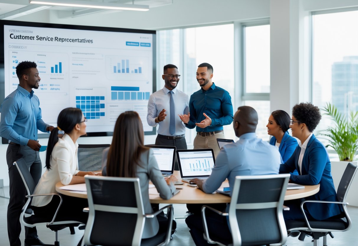 A diverse team of customer service representatives collaborating in a modern office meeting room around a table with laptops and a digital screen displaying charts.