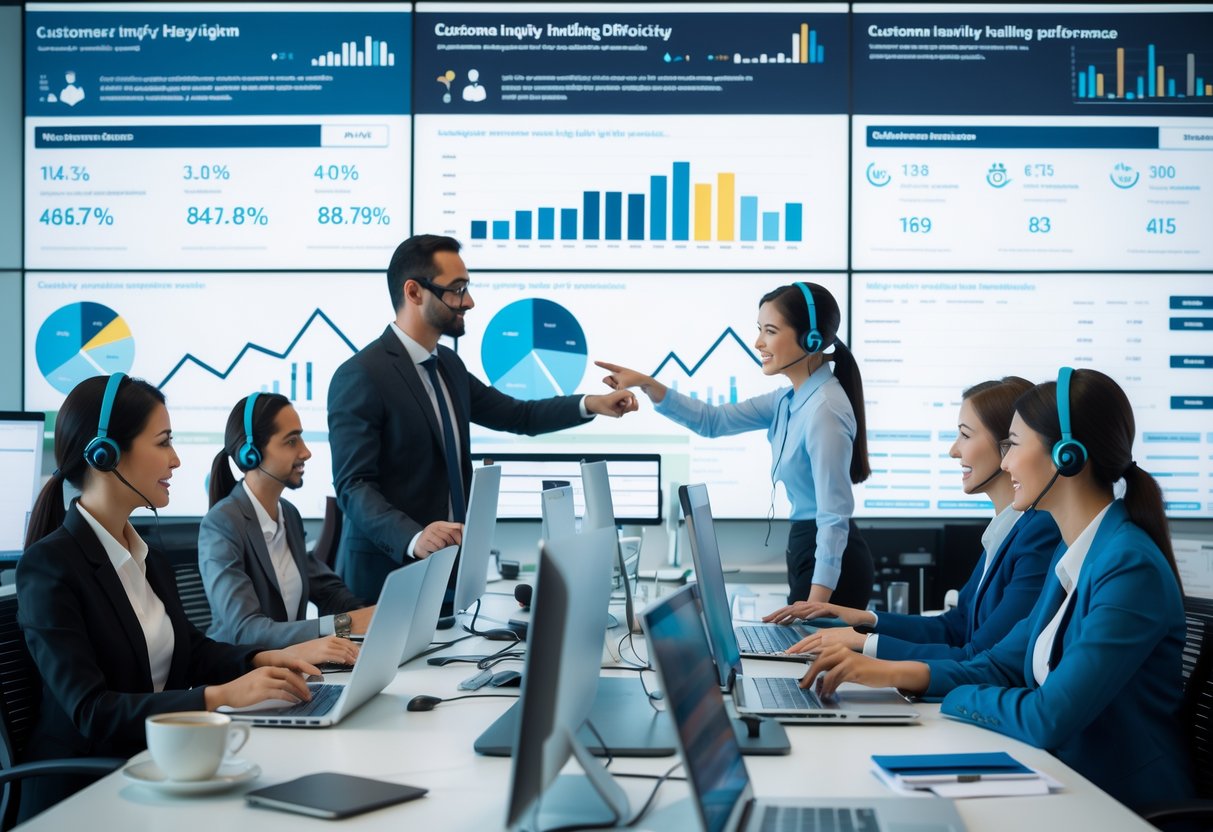 A team of customer service representatives working at desks with headsets, discussing performance data shown on large screens in a modern office.