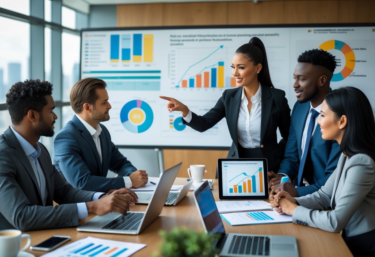 Business professionals in a conference room reviewing charts and discussing market opportunities.