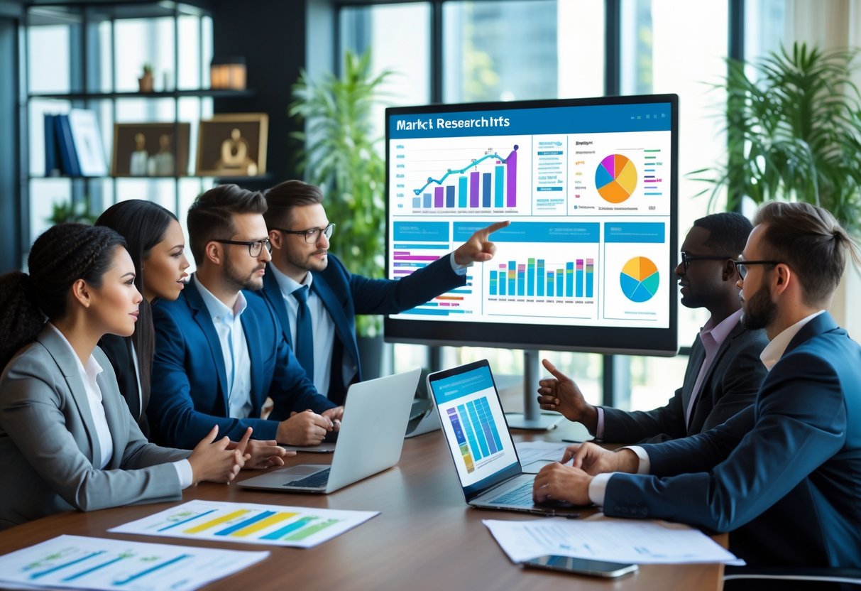 A group of business professionals collaborating around a table with laptops and charts, discussing market research data in an office.