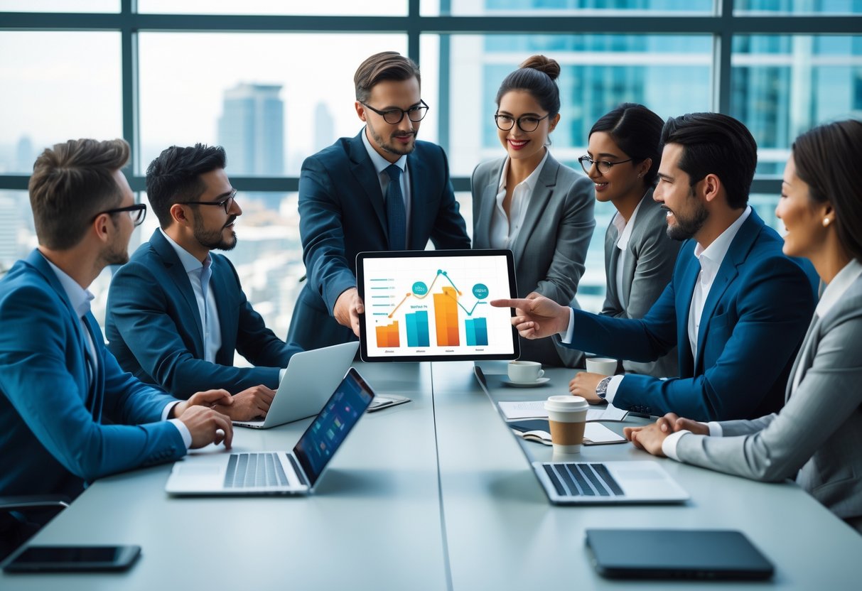 A group of business professionals having a meeting around a conference table, reviewing charts and data on a tablet in a modern office.