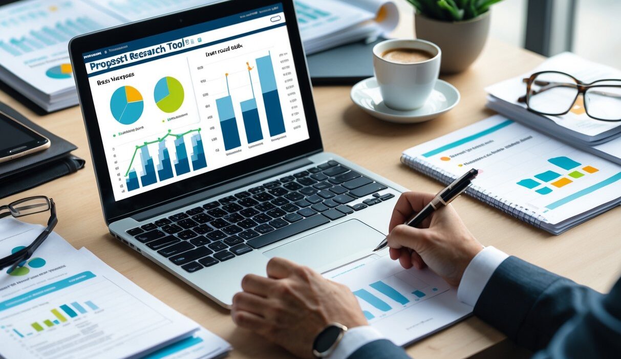 A workspace with a laptop showing data charts, printed reports, notebooks, and a person writing notes, surrounded by office items on a desk.