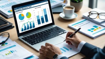 A workspace with a laptop showing data charts, printed reports, notebooks, and a person writing notes, surrounded by office items on a desk.