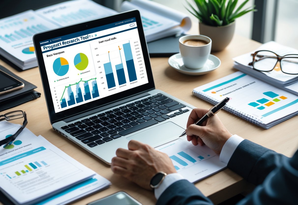 A workspace with a laptop showing data charts, printed reports, notebooks, and a person writing notes, surrounded by office items on a desk.