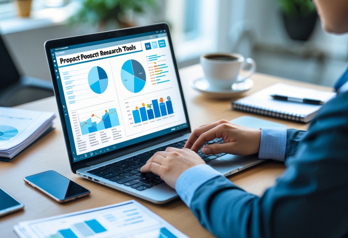 A person working at a desk with a laptop showing data charts, notebooks, and a smartphone, engaged in research and analysis.