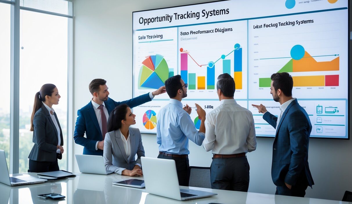 Business professionals collaborating around a large digital touchscreen displaying charts and graphs in a modern office.