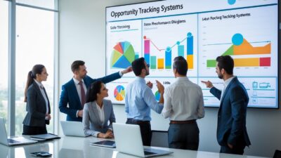 Business professionals collaborating around a large digital touchscreen displaying charts and graphs in a modern office.