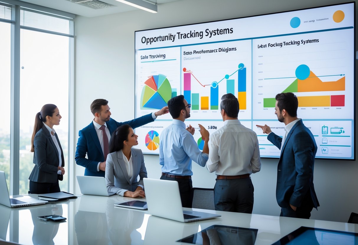 Business professionals collaborating around a large digital touchscreen displaying charts and graphs in a modern office.