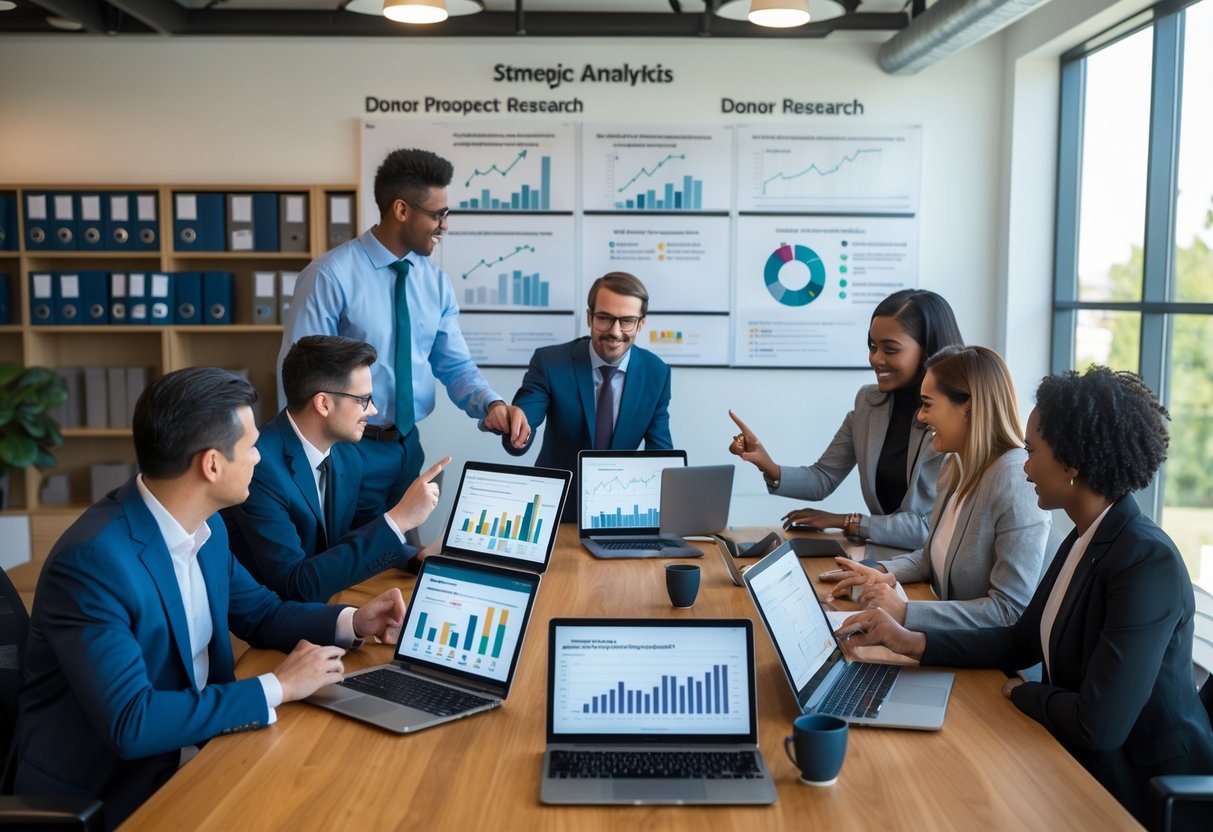 A group of professionals working together around a table with laptops and tablets displaying data charts in a bright office.