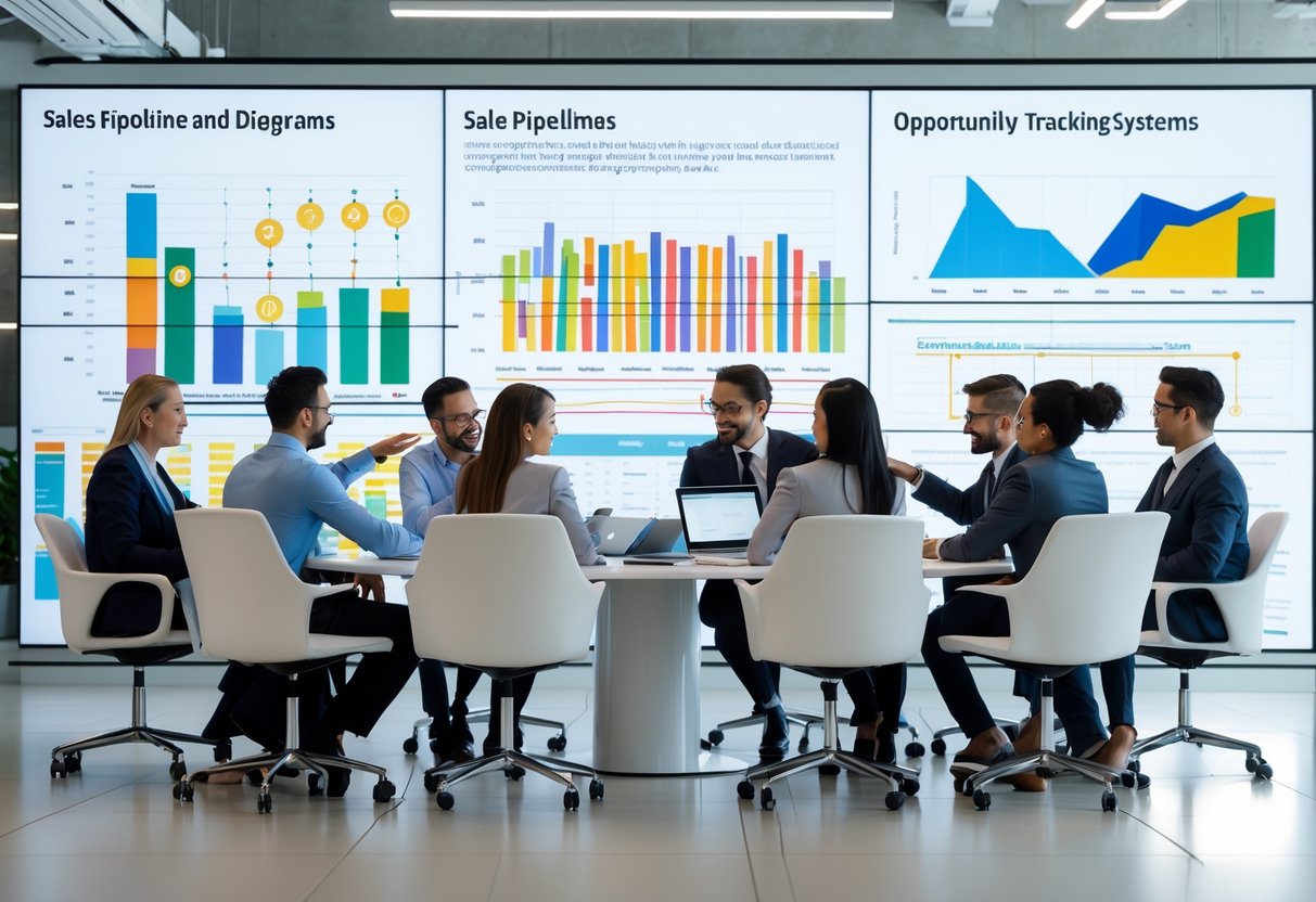 A group of business professionals collaborating around a conference table with charts and digital screens displaying sales data and pipeline diagrams.