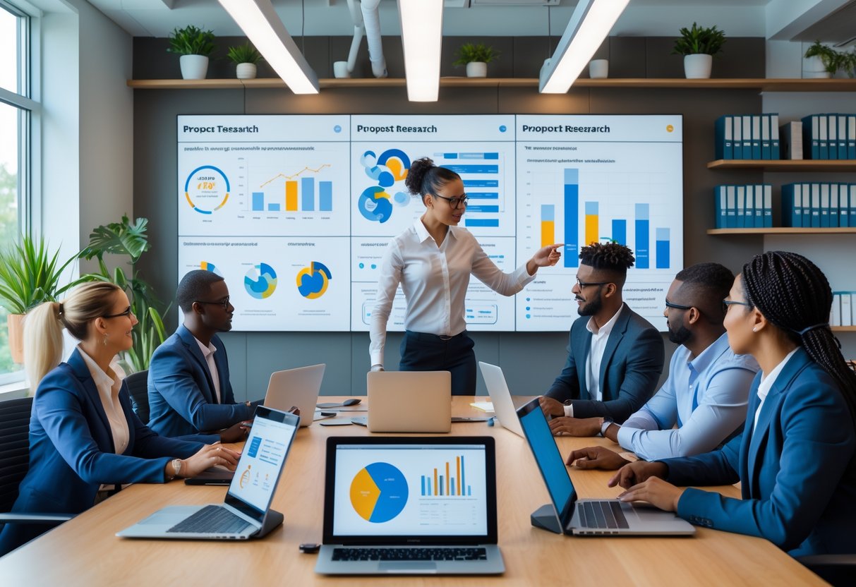 A diverse team of professionals collaborating around a conference table with laptops and a large screen displaying data visualizations in a bright nonprofit office.