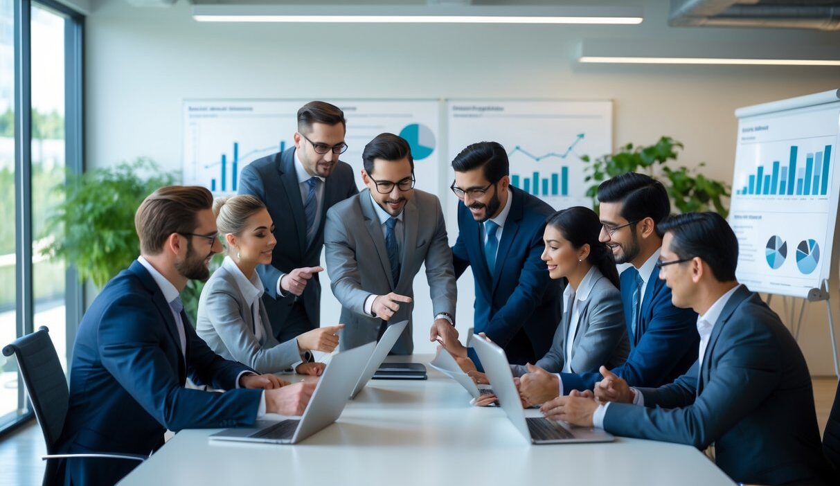 A group of business professionals collaborating around a conference table with laptops and tablets in a bright office.