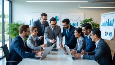 A group of business professionals collaborating around a conference table with laptops and tablets in a bright office.