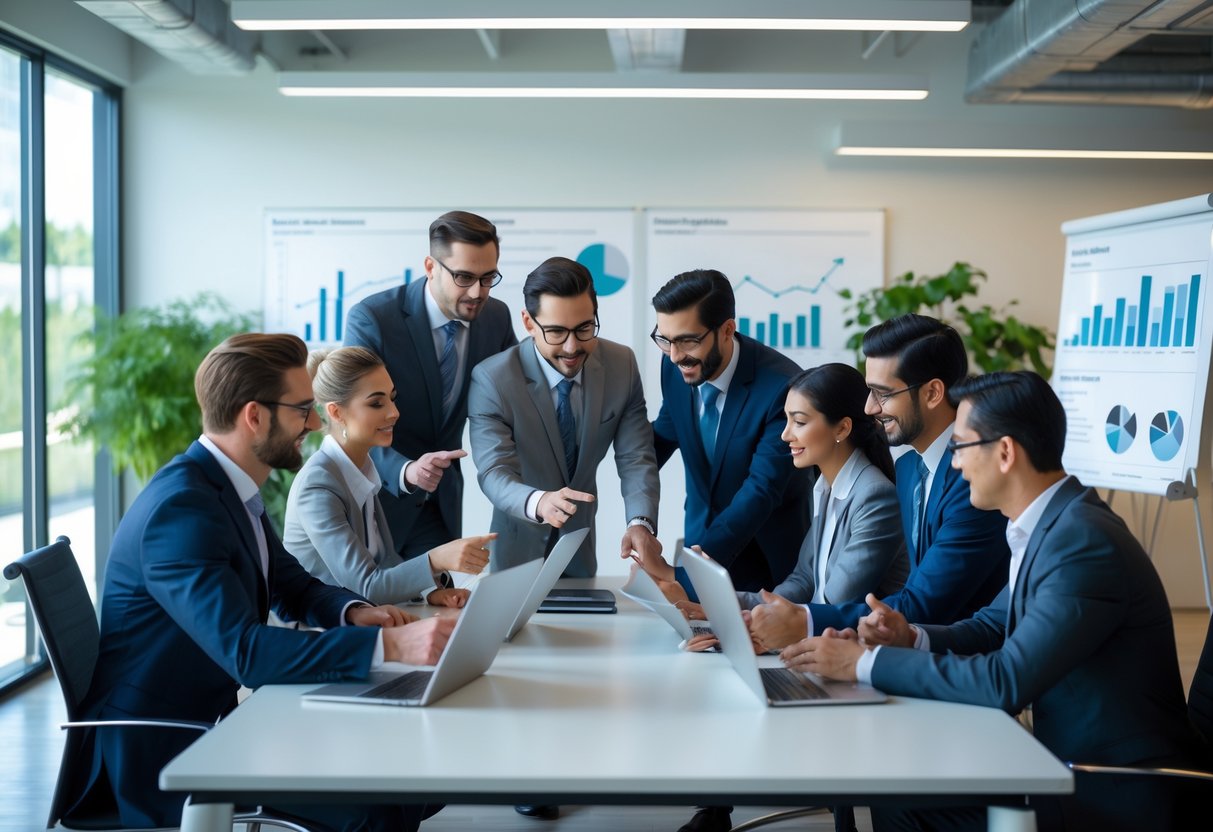 A group of business professionals collaborating around a conference table with laptops and tablets in a bright office.