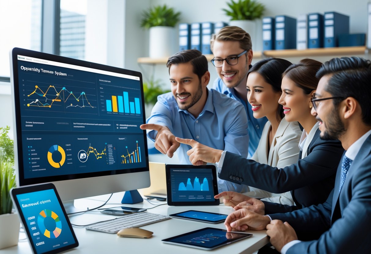 A group of professionals collaborating around a desk with digital devices showing data dashboards and system integration diagrams in a modern office.