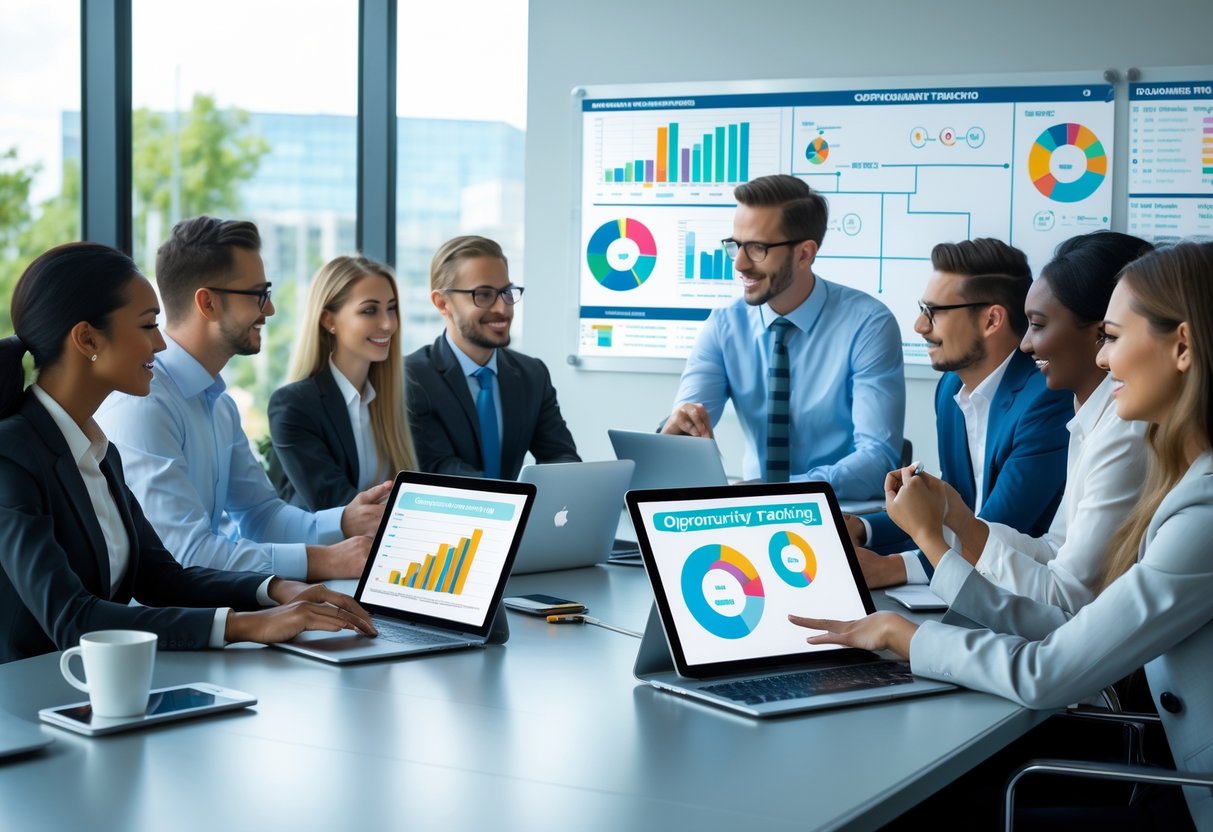 A group of business professionals working together around a conference table with laptops and tablets showing charts and graphs in a bright office.
