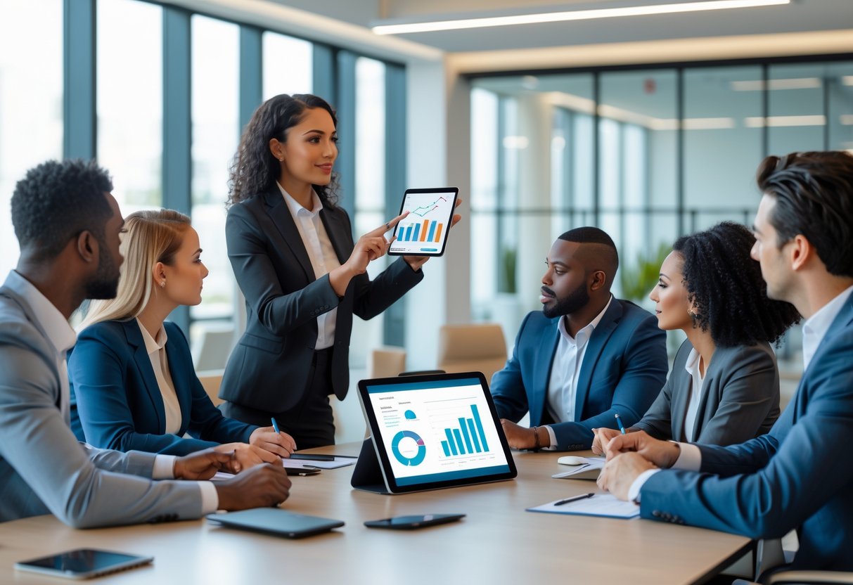A diverse group of business professionals collaborating around a conference table with one woman presenting information on a digital tablet.